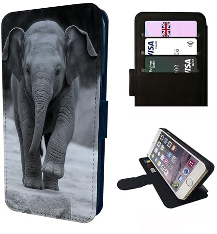 Elephant Calf Wallet Phone Case Flip Cover Compatible with iPhone SE, 7, 8, X, XR, 11, 12, 13, 14, 15, 16, 16E, 17 (Air, Plus, Mini, Pro, Max Models) – Faux Leather Black and White Elephant Print