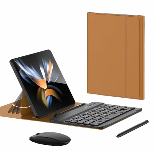 GUPENAA Tastatur Hülle für Samsung Galaxy Z Fold 7/Fold 6/Fold 5, Einstellbarer Winkel, Magnetisch Abnehmbare Kabellose Tastatur mit S Pen-Halterung [Tastatur + Hülle + Kapazitiver Stift],Braun
