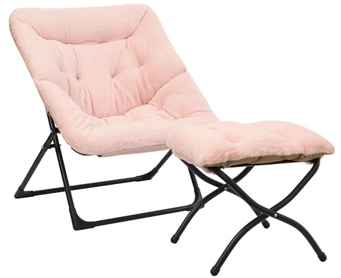 Mordchil HF Comfy Saucer Chair for Adults, Soft Faux Fur Bedroom Chair with Ottoman, Accent Dorm Chairs, Living Room Reading Chairs and Footstool, Folding Lounge Seat for Teens, X-Large, Light Pink