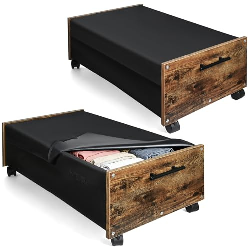 Wooden Under Bed Storage Box with Lid,2 Pack Underbed Storage Drawers 75*42*22cm with Lockable Wheels (total 27.5cm),Dual-sides Handles,Large Storage Containers For Clothing,Slippers,shoes,Books,Toys