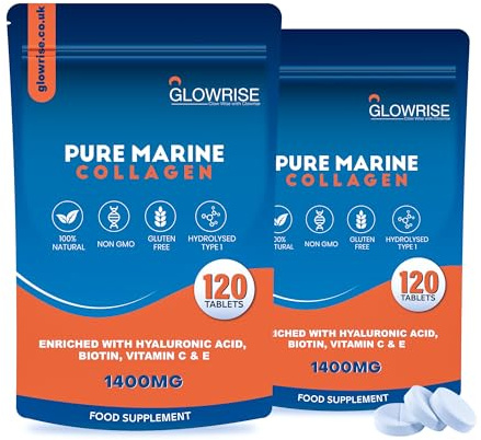 Pack of 2 - Marine Collagen Tablets Hydrolyzed Supplements for Women and Men 1400mg Vitamin C and Vitamin E 2 Months Supply per Bag - Glowrise