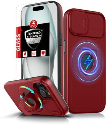 FRLMOOES for iPhone 15 Case Magnetic with Kickstand, Built-in Camera Cover | Compatible with MagSafe Wireless Charging,with 2 Screen Protectors,Anti-Scratch Shockproof Heavy Duty Protection Phone,Red