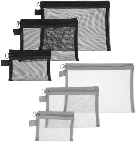 6 Pcs Makeup Pouch, 3 Sizes Mesh Bags for Travel Toiletry Storage, Small Zippered Organizer Pouches for Home Office (Black and Grey)