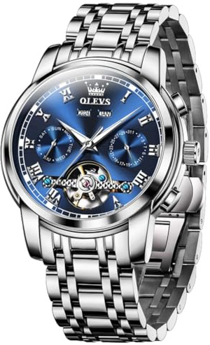 OLEVS Uhr Herren Automatik, Automatik Uhr Herren mit Mondphasenanzeige & Offenem Herzwerk, wasserdichte Herrenuhr Automatik Edelstahl, Uhren Herren für Alltag & Feierlichkeiten