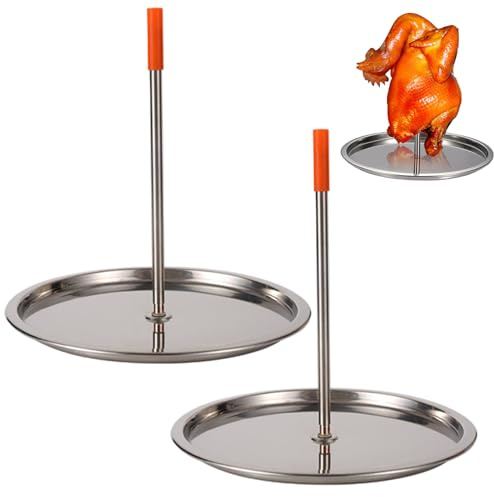 CAKEEYUM Confezione da 2 spiedini Verticali in Acciaio Inox con spiedo Rimovibile e leccarda per Pollo Intero, Pesce e Carne | Spiedo Verticale con Design Auto-irrorante, griglia, Acciaio Inox