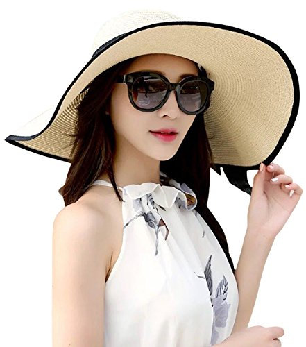 Lanzom Sombrero de paja grande con lazo grande para mujer, gorra de playa UPF 50+, Beige, Talla única