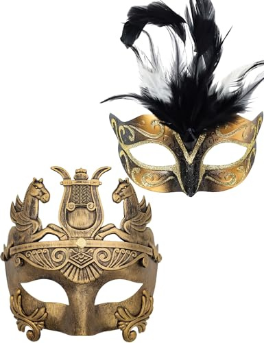 Ubauta Goldfeder-Frauen-Maske & griechische Krieger-Männer-Maske venezianische Maskerade-Paar-Masken, für Karneval/Party/Ball Prom