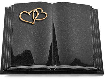MEMORUM Grabmale Grabbuch, Grabplatte, Grabstein, Grabkissen, Urnengrabstein, Liegegrabstein Modell Livre Pagina 40 x 30 x 8-9 cm Indisch-Black-Granit, poliert inkl. Gravur (Bronze-Ornament Herzen)