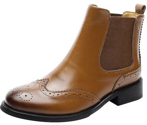 rismart Donna Brogue Wingtip Caviglia Alto Scivolare su Comfort Genuino Pelle Chelsea Stivali SN02052(Marrone,40.5 EU)
