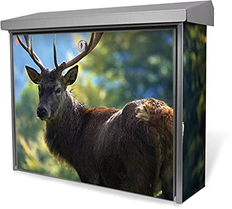 banjado® Burgwächter Briefkasten Edelstahl 38,5x31,5x12cm mit Motiv Hirsch/Briefkasten Edelstahl ohne Zeitungsfach/Briefkasten grau/Postkasten inkl. Montagematerial & 2 Schlüsseln