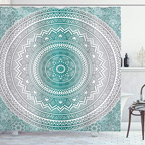 ABAKUHAUS Mandala Duschvorhang, Boho Meditation Art Work, Stoffliches Gewebe Badezimmerdekorationsset mit Haken, 175 x 220 cm, Grau Teal