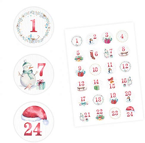 24 Adventskalender Zahlen Aufkleber Aquarell - rund 4 cm Ø - Sticker Weihnachten zum basteln dekorieren DIY