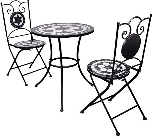 Wakects Bistrotisch-Set, Mosaik-Tisch mit 2 Stühlen, Gartenmöbel-Set, Tisch und Stühle für den Außenbereich, Balkon aus Keramikfliesen, Schwarz und Weiß