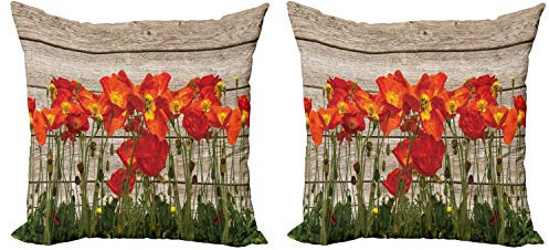ABAKUHAUS Rustikal Dekokissen Kissenbezug 2er Pack, Blooming Mohnblumen-Blumen, Modern Accent Doppelseitiger Digitaldruck, 50x50, Orange Braun