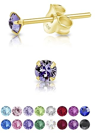 DTPsilver - Winzige Ohrringe 925 Sterling Silber Gelb Vergoldet mit Kristallen von Swarovski® Elements Runde Sehr kleine Ohrstecker - Durchmesser 3 mm - Farbe : Tansanit