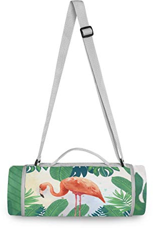 BEUSS Grünes Blatt Rosa Flamingo Picknickdecke wasserdicht Kreative Runde Picknick-Matte Kampierende Strand Yoga Decken Matten im Freien Faltbar Leicht Matte Decke mit Tragegriff(148cm x 148cm)