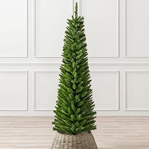 Christow Pencil Christmas Tree 5ft, Artificial Slim Narrow Green Spruce, Luxury Indoor Xmas Decoration, Natural Looking PE & PVC Needles, Easy Assembly with Stand, Tip Count 236 (skirt not included)