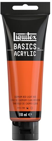 Liquitex 8870034 Basics - Pittura acrilica, Pigmenti per artisti monopigmentati, Resistente alla luce, durevole nel tempo, Finitura satinata, Tubo da 118 ml - Rosso Di Cadmio Chiaro Imitazione