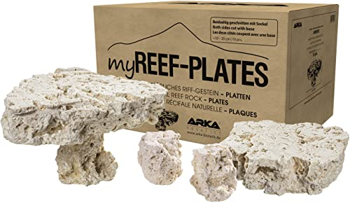 Piastre ARKA myREEF – Circa 10 – 20 cm, 10 Pezzi – Roccia Naturale per Costruzioni autentiche, Taglio su 2 Lati con Base, Privo di Sostanze nocive e porose, per acquari marini.