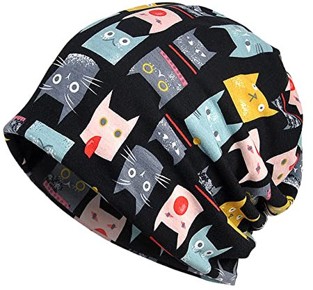 ELLEWIN Slouchy Beanie aus Baumwolle, Hip-Hop, weich, leicht, Laufmütze, für Erwachsene, Zwergmütze, Chemo-Mütze für Männer und Frauen, Opentop Cat-1pk-blk, M