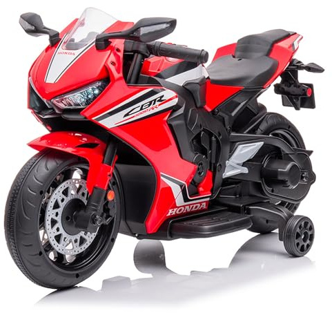 BabyCar Moto Elettrica Bambini Honda CBR 12V | Moto Elettrica Bambini 3-5 Anni con Luci, Suoni e Rotelle Stabilizzatrici | Batteria 12V 3,5Ah, Motore 30W e Acceleratore a Pedale | Rosso