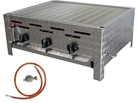 BSR-Grillen 3-flammiger Profi Gasgrill aus Edelstahl, stufenlos regelbar, Gasbräter, Gastrogrill, Gastrobräter, Gasschlauch und Druckminderer (11 kW | Edelstahl Grillrost zerlegbar)