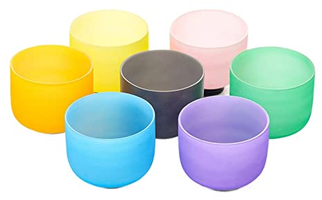 EIFINE 7-12 Inch Colored Frosted Quartz Crystal Singing Bowl Set 7 Pcs With Purple Canvas Carring Case 2 Pcs