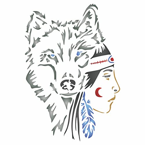 Stencil Company Wolf Girl Schablone, 21,59 x 33 cm - Indianer-Beschützer der Seelen Spirit Guide Kopfschmuck Schablone zum Malen