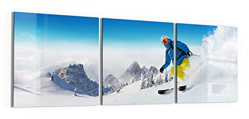 DEQORI Glasbilder Echtglas | Motiv Skifahrer in Aktion | horizontal 3-teilig 150x50 cm | große XXL Deko | Wandbilder für Wohnzimmer, Schlafzimmer, Flur & Küche | moderne Wanddeko