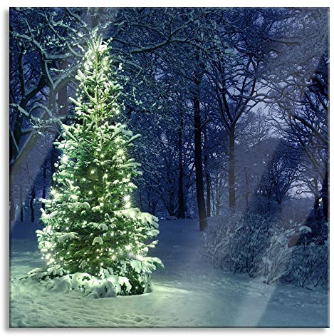 Pixxprint Quadro su vetro | Murale su vetro | Albero di Natale luminoso | 50 x 50 cm | con sospensione e distanziatore