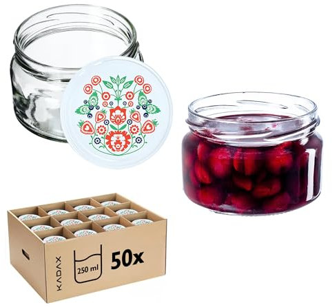 KADAX Lot de 50 bocaux à confiture avec couvercle Twist-Off fi82 - 250 ml - Hermétiques et lavables au lave-vaisselle - En verre épais - Choix de bouchons à vis (folklore)