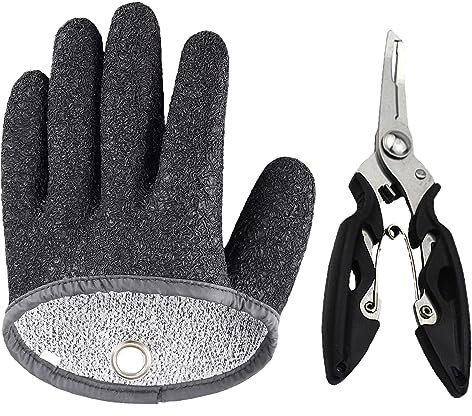 Jadin Angelhandschuhe Wasserdicht, Schnittfeste Angelhandschuhe Raubfisch Verhindern Stiche und Bisse, Angelzubehör Set Inklusive Stichfeste Handschuhe mit Magnetanhänger Multifunktionaler Angelzange