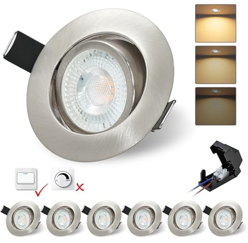 BOYIR LED Einbaustrahler 230V Flach 3 Stufe Dimmbar LED Spots 6W IP44 Bad Deckenspots Ø68mm Einbau Einbauleuchten 3000K Warmweiß 600LM Schwenkbar Einbauspots für Badezimmer Küche Wohnzimmer, 6er Set
