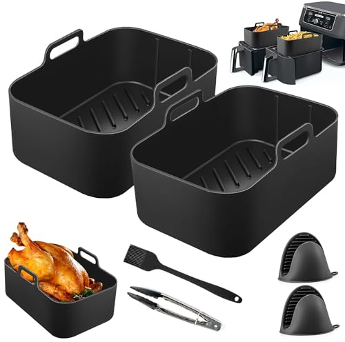 AMALMO Silicone Air Fryer Liner Pack of 2 with Brush, Tong and Mitts- Tower Dual - Instant Vortex Air Fryer Silicone Liner - Reusable Air Fryer Liners for Ninja Air Fryer Accessories, AF300UK