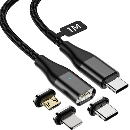 YKZ USB C Magnetisches Ladekabel 1M, 60W PD Schnellladen, Magnetisches Kabel mit 3 Wechselspitzen (Type C, Micro USB, i-Product), Kompatibel mit Smartphones und Tablets