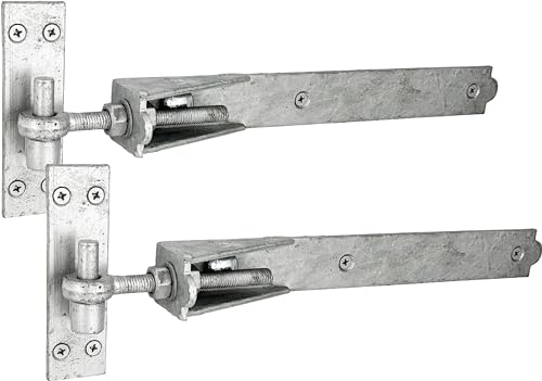 IRONTITE® Cerniere regolabili per cancelli in legno, resistenti, 350 mm, gancio e fascia per cancelli in legno, cerniere zincate a gancio e fascia con fissaggi inclusi. (zincate)