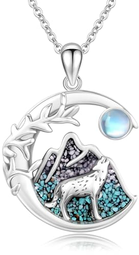 Wolf Kette 925 Sterling Silber Keltische Kette Mondstein Anhänger Wolf Halskette Schmuck Geschenke für Damen (Wolf Berg Kette)