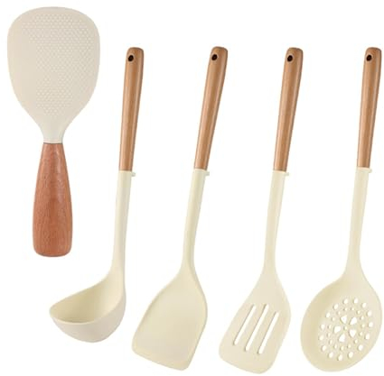 5 Piezas Utensilios De Cocina De Silicona Para Cocinar Antiadherente Resistente Al Calor De Silicona Juego De Espátulas Con Mango De Madera Para Utensilios Accesorios Cocina, Beige White