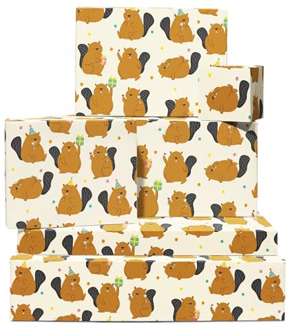 Lustige Geschenkpapier – Biber – 6 Blatt Trendiges Braunes Geschenkpapier – Waldtiere – Für Männer, Frauen, Jungen Und Mädchen – Recycelbar – Von Central 23