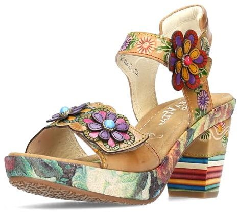 Laura Vita Damen Sandalette Leder Blüte Blockabsatz Klettverschluss Nellao 05, Größe:38 EU, Farbe:Beige