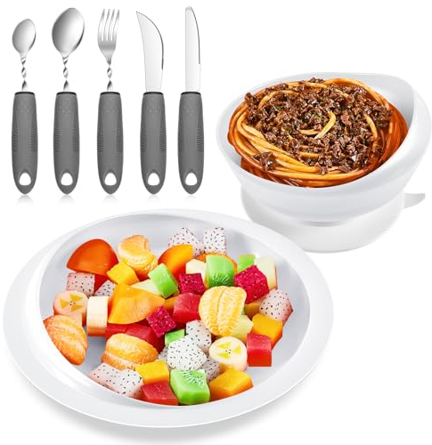 2 Sets Adaptive Utensils Bowl and Plate Set Adaptive Self Feeding Dinnerware with Suction Base Non Slip Bendable Cutlery for Elderly Disabled Hand Tremors Arthritis Parkinson(White)