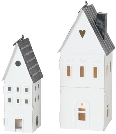 2 STK Laternen Metall Weiss grau Häuser b174 Eisen lackiert Dekohaus Windlichter Set Metallhaus 17cm und 22cm Metall Haus Laternenhaus Windlichter Häuser Aufsteller Laterne Haus