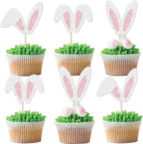 24 Stück Hasenohren Tortendeko Glitzer Wimpern Nase Pfote Cake Topper Happy Easter Kuchen Deko for Ostern Kaninchen Thema Baby Dusche Kinder Geburtstag Party Rosa Weiß