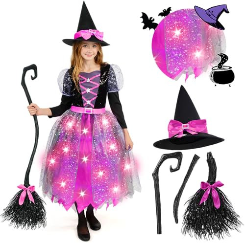 Spooktacular Creations Disfraz de bruja con luz LED para niñas, disfraz de bruja rosa con sombrero y escoba, disfraz de bruja dulce, diseños fantásticos
