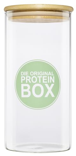 The Original Protein Box with Bamboo Lid - Glass Storage Container with Silicone Ring - Airtight Powder Tin 0.5 kg