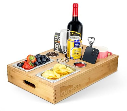 Giftota® 2 in 1 Couchbar Snackbox - FERTIG MONTIERT Sofa Tablett mit 5X Edelstahl-Snackschalen und Abnehmbarer Flaschenhalter - Couch Tablett für Wohnzimmer Picknick Party - Organizer Tablett