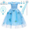 JAMATA Elsa Prinzessin Kostüm Set für Mädchen,Zauberhaftes Kleid mit Zauberstab,Ohrringe,Ringe,Halskette,Armband und Prinzessinnenkrone,Ideal für Karneval,Halloween,Weihnachten,Cosplay,Größe 120