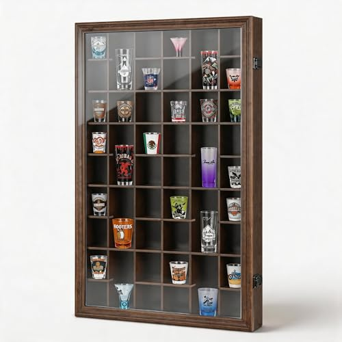 Odjaraye Schnapsglasvitrine, 46 Schnapsglashalter, Vitrine für Wand, Schnapsglasregal, Organizer, Vitrine, abschließbar mit UV-Schutz, Acryltür und abnehmbarem Regal, Walnuss