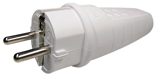 Gummi Stromstecker 230V, 16A, IP44, Wasserdicht Stecker, Bruchfest, Schuko Stecker mit Zugentlastung, Schutzkontakt Stecker mit Knickschutztülle für den Außenbereich geeignet (1, Weiß)