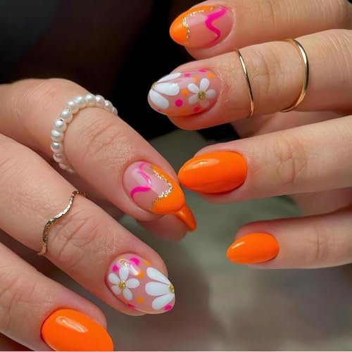 Hebterrka Lot de 24 faux ongles courts ovales à motif floral - Design mignon - Orange brillant - Pour le printemps et l'été